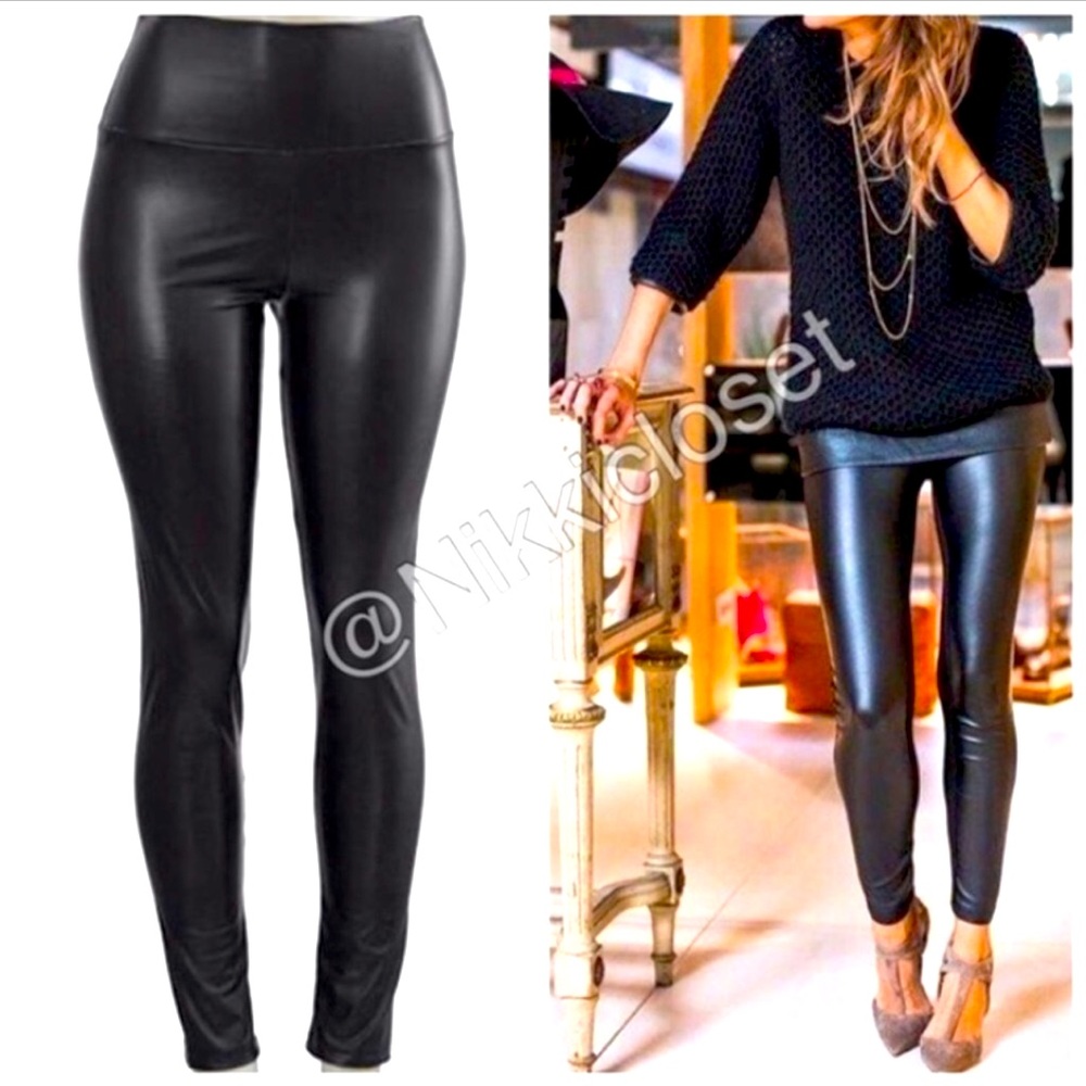 Black High Waist Faux Leather Leggings Pants Vegan Fitted Tummy Control S-XL